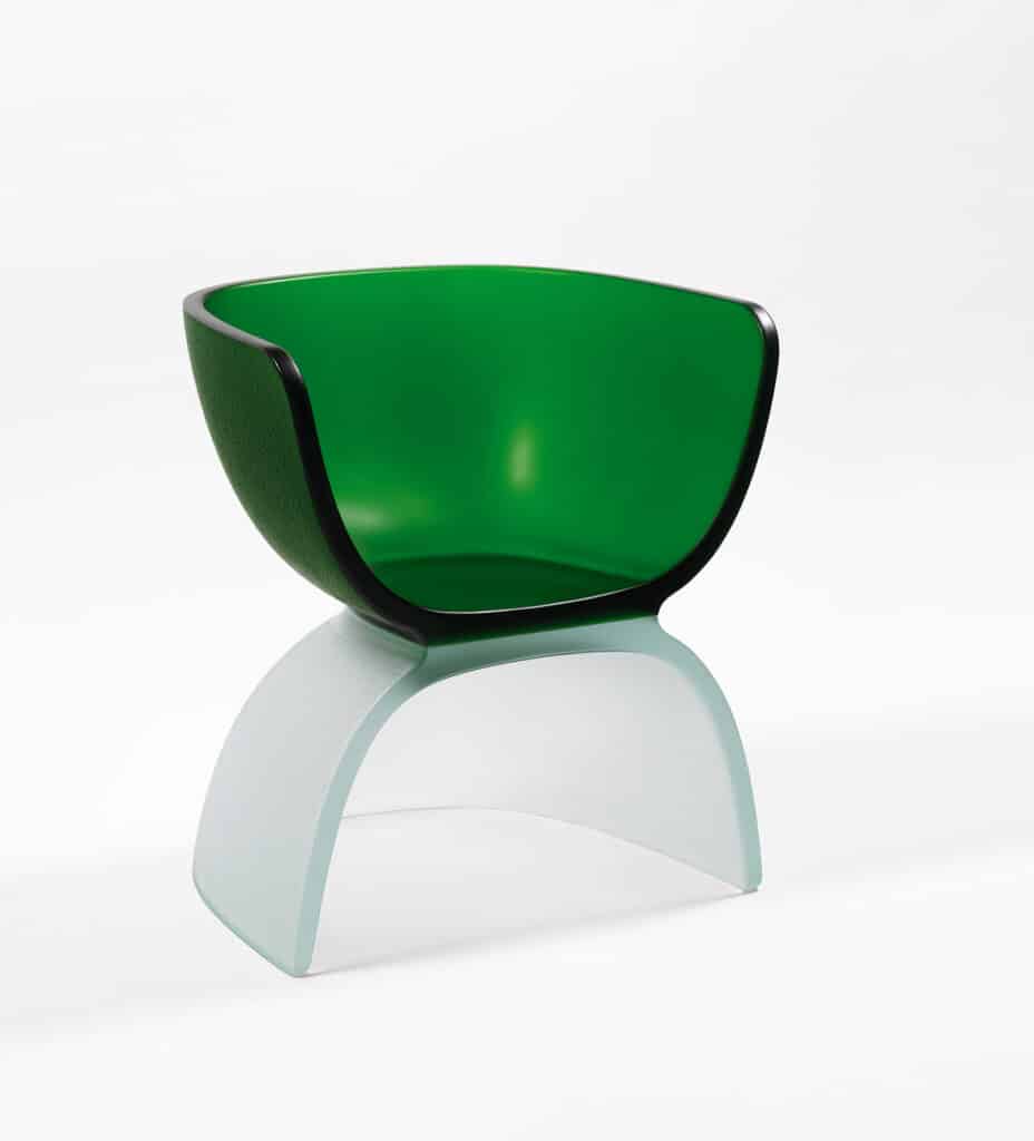 MARC NEWSON Green Glass Chair, 2017 Cast Glass 29 1/8 x 27 3/16 x 21 5/8 in 74 x 69 x 55 cm Edition of 3 + 2 AP © Marc Newson Photo: Rob McKeever Courtesy Gagosian