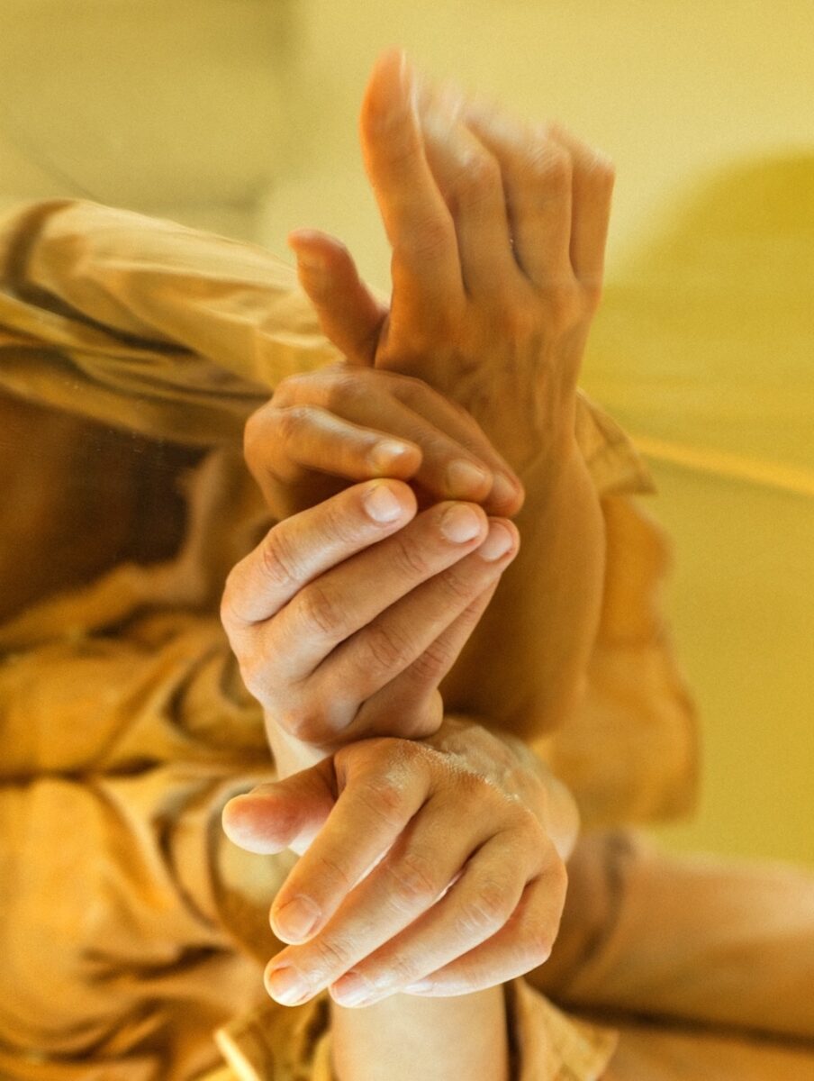 Maria Hassabi, Hands, 2024 giclee fine art archival print on Hahnemuehle fibre paper, gold leaf frame, UV protecting glass, ed of 5 + 2AP 70 x 50 cm., 27.559 x 19.685 in.© the artist Courtesy The Breeder, Athens in Established section