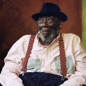Portrait of Sir Frank Bowling OBE RA at his studio in Peacock Yard, 2025. Photo William Waterworth.