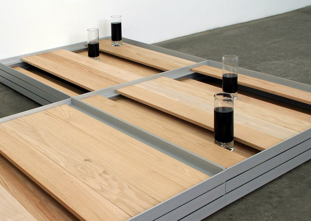 Liam Gillick follow Literally No Place Barfloor, 2000 aluminum, oak planks, 4 glasses, Pepsi © Liam Gillick Courtesy Casey Kaplan, New York