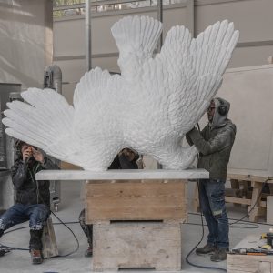 Preview: Gagosian at Art Basel Miami Beach 2025 Maurizio Cattelan’s “Bones” (2025) in production, Carrara, Italy. Artwork © Maurizio Cattelan Photo: Zeno Zotti Courtesy the artist and Gagosian