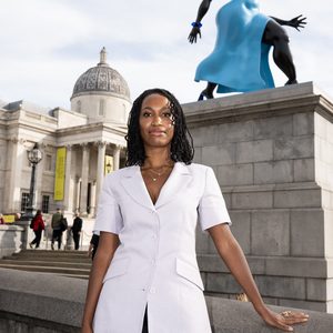2. Artist Tschabalala Self unveils her artwork, Lady in Blue, on Trafalgar Square’s Fourth Plinth in London. Photo credit Jeff Spicer, PA Media Assignments