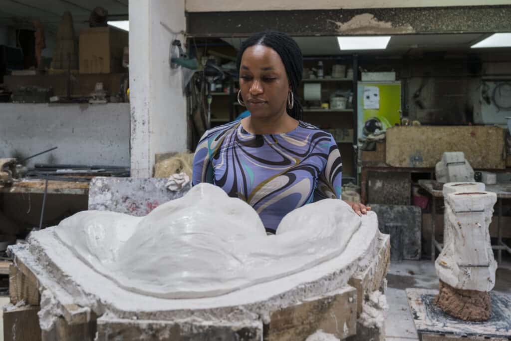 Tschabalala-Self-in-the-studio-overseeing-production-of-her-first-public-sculpture