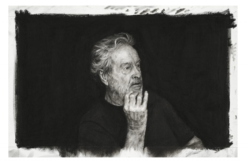 Sir (Ridley Scott) Charcoal on paper 29 x 44 cm By Nina Mae Fowler, 2019