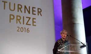 Helen Marten makes a speech after being announced as the winner of the Turner prize at the Tate Gallery in London.