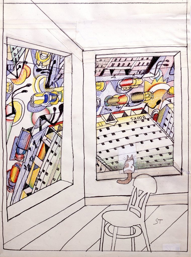 Saul Steinberg, Looking Down, 1988, marker, crayon, colored pencil and conté crayon with collage on paper20" x 14" (50.8 cm x 35.6 cm). Drawing for "The New Yorker" cover, February 28, 1994 © 2020 The Saul Steinberg Foundation / Artists Rights Society (ARS), New York