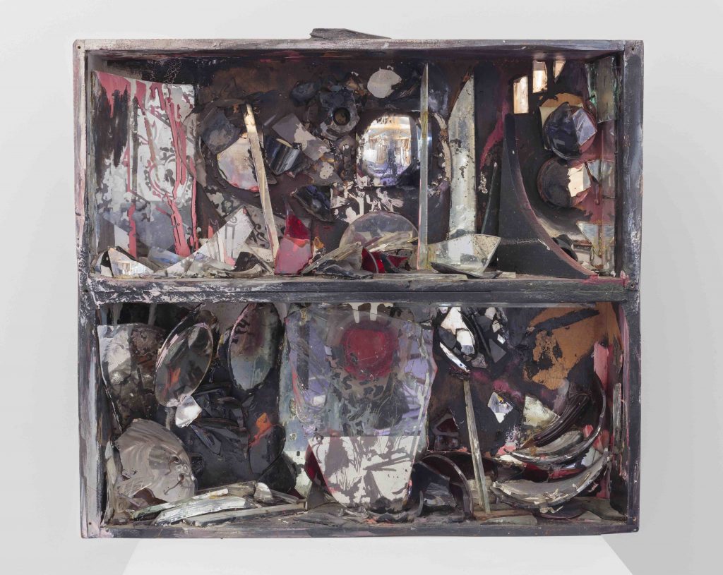 Carolee Schneemann, Controlled Burning: Fireplace, 1963–1964, Wooden box, glass, shards, burnt paint, adhesive. Courtesy of the Estate of Carolee Schneemann, Galerie Lelong & Co., Hales Gallery, and P•P•O•W, New York © Carolee Schneemann