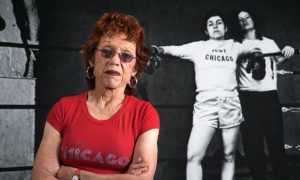 ‘What is she going to do, paint a vagina?’ … Judy Chicago, in front of her boxing parody. Photograph: Donald Woodman