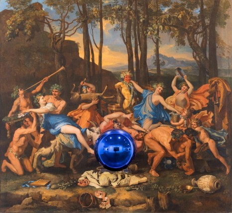Jeff Koons, Gazing Ball (Poussin The Triumph of Pan), 2015–16, oil on canvas, glass, and aluminum, 63 1/2 × 68 1/4 × 14 3/4 inches (161.3 × 173.4 × 37.5 cm) © Jeff Koons