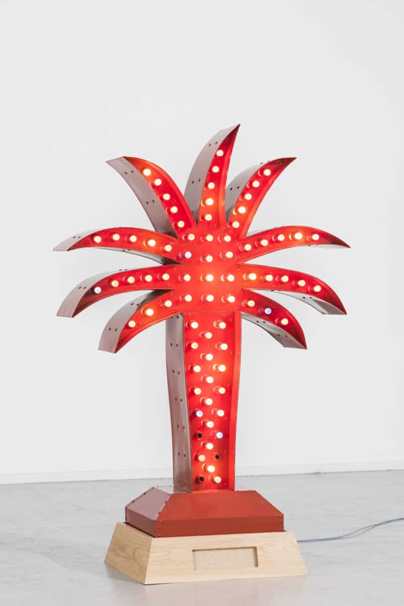 Yto Barrada Red Palm, 2016 steel structure with galvanised sheet metal and coloured electrical bulbs, media player, sound bar, electrical wiring and Oak Base 79-15/16" × 52-3/4" × 26-3/8" (203 cm × 134 cm × 67 cm) Edition of 3 + 1 AP