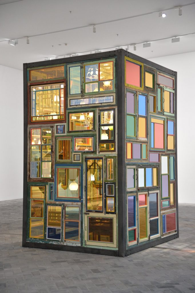 Song Dong, Same Bed Different Dreams No. 3, 2018, steel, wooden windows/doors/beds, mirror, coated glass, lights, daily necessities, porcelain, 254.5 cm × 224.5 cm × 361 cm (8' 4-3/16" × 88-3/8" × 11' 10-1/8") © Song Dong