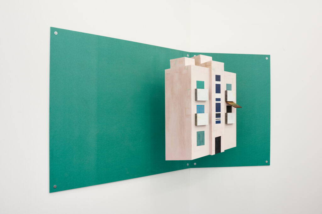 Milly Peck, Alessandrino, 2022. Valchromat, washers, tv bracket, MDF, plywood, stained oak, cardboard, leather, acrylic and emulsion paint, coloured pencil, chalk, papier-mâché. 122 x 341 x 67 cm. Unique.