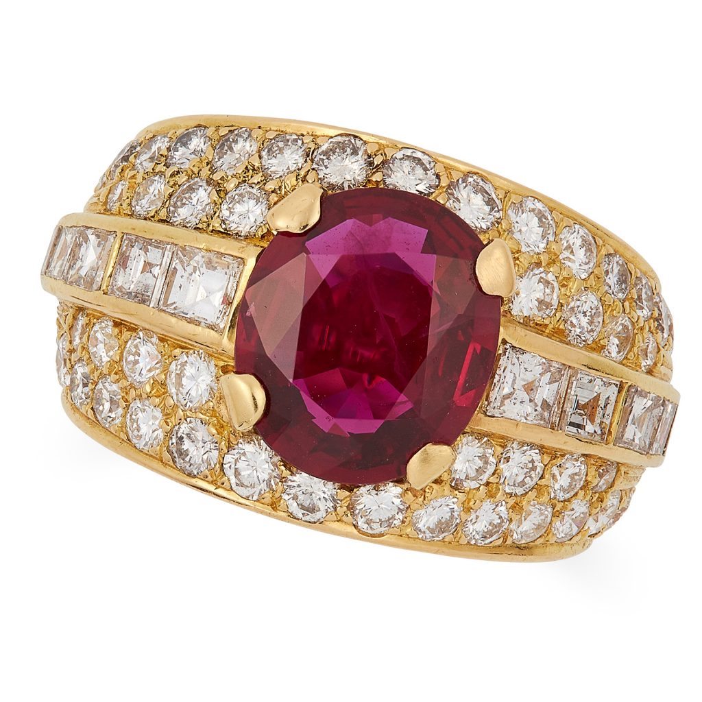 7.61 carat Burmese ruby set in Bulgari Tromboni ring, sells for 10x estimate at Elmwood’s auction house. 