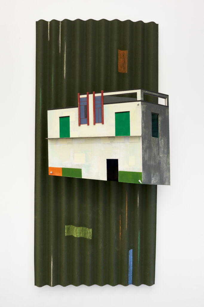 Milly Peck, Centocelle, 2022. Stainless steel threaded rod, nuts, Valchromat, coloured Perspex, emulsion, acrylic and gouache paint, chalk, coloured pencil, wood, Bitumen corrugated roofing sheet, cardboard, paper. 201 x 92 x 28 cm. Unique. 