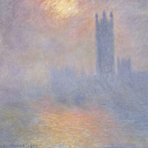 Londres, le Parlement, trouée de soleil dans le brouillard