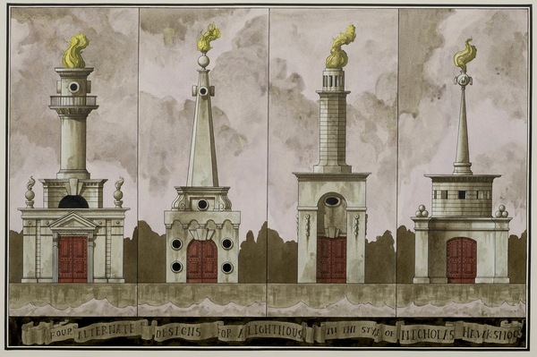 Folkestone Triennial 2014 http://www.folkestonetriennial.org.uk/ Pablo Bronstein, Four Alternate Designs for a Lighthouse in the Style of Nicholas Hawksmoor, 2014 Ink and watercolour on paper. Courtesy Herald St.