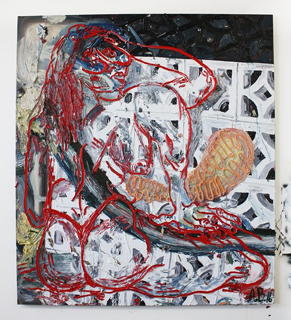 Alex Becerra Woman with red crocs, 2015 Oil on canvas stretched over panel 72 x 64 in 182.9 x 162.6 cm