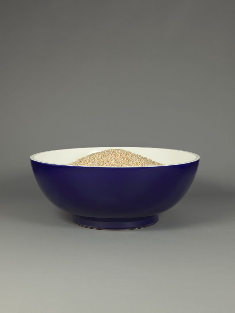 Ai Weiwei, Bowl of Pearls, 2007, porcelain and freshwater pearls, 100 x 100 x 100 cm photo by andrew smart of A.C.Cooper Ltd,London FAD magazine 