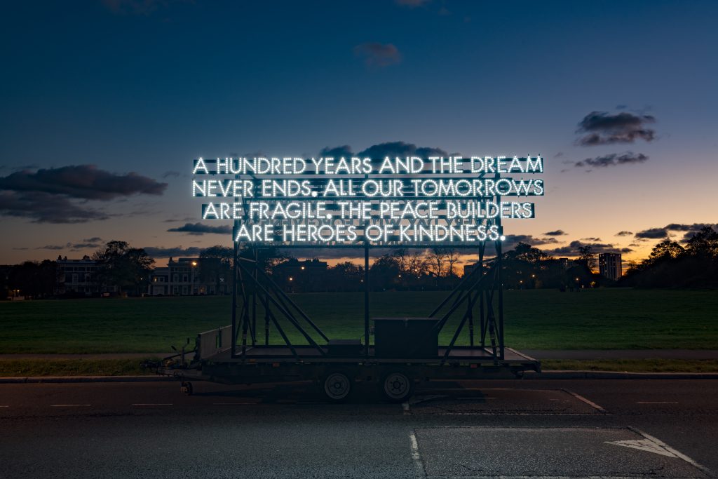 Year-long celebration of peace created by Emergency Exit Arts to launch with unveiling of large-scale mobile artwork by Robert Montgomery 