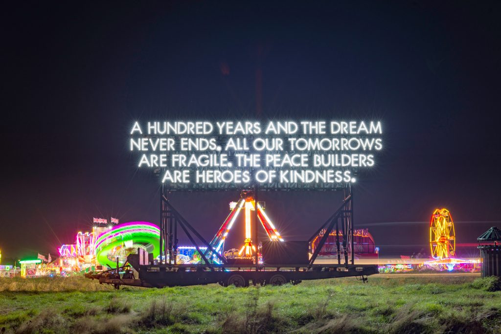 Year-long celebration of peace created by Emergency Exit Arts to launch with unveiling of large-scale mobile artwork by Robert Montgomery