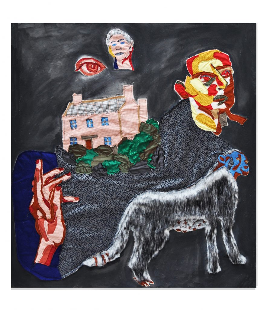Alexander James, The House On The Hill, 2019-2020. Acrylic and fabric stitched onto canvas, 134 x 120 cm, unique. Courtesy of Roman Road and the artist