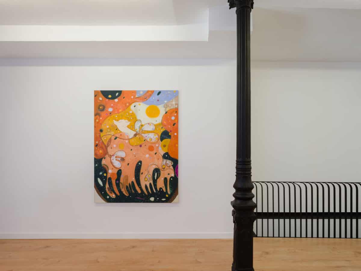 Installation view of Yulia Iosilon, The Cereus, 2023, Oil on transparent fabric, 183 x 137 cm