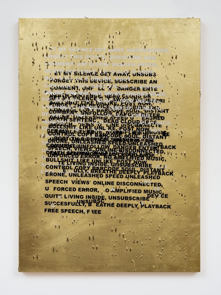 FAD MAGAZINE Stefan Brüggemann SPEED SPEECH (HYPER POEM LOCKDOWN) 2020 Gold leaf, metal staples and vinyl text on wood 70 x 49.7 x 3.5 cm / 27 1/2 x 19 5/8 x 1 3/8 in