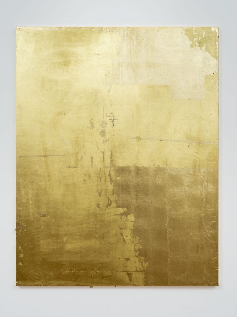 Stefan Brüggemann FAITH (UNTITLED ACTION) 2020 Gold leaf and metal staples on canvas 185 x 145 x 4 cm / 72 7/8 x 57 1/8 x 1 5/8 in FAD MAGAZINE