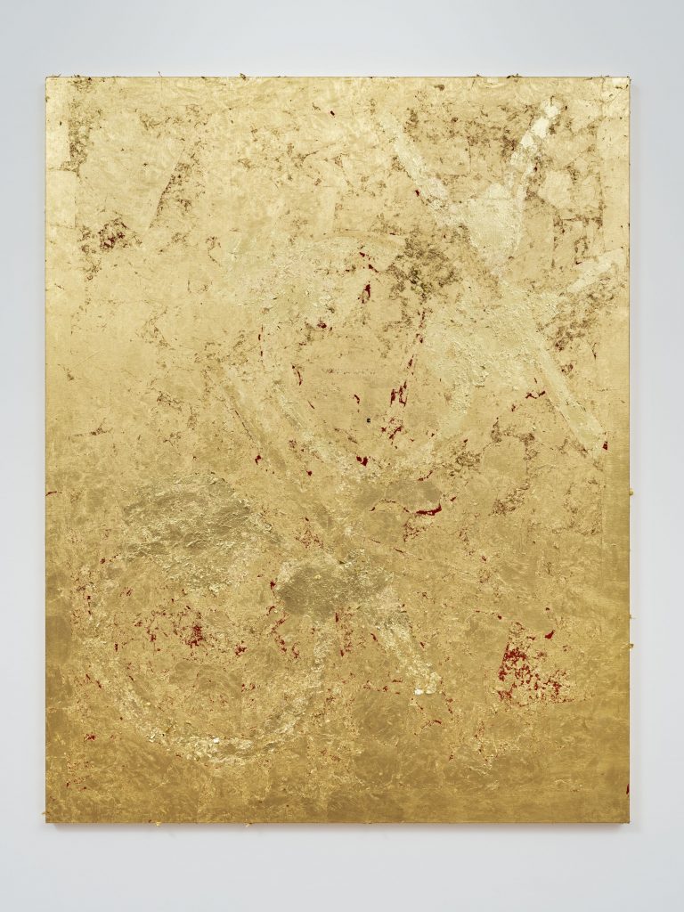Stefan Brüggemann OK, OK, OK (UNTITLED ACTION) 2020 Gold leaf, vinyl text and acrylic paint on canvas 185 x 145 x 4 cm / 72 7/8 x 57 1/8 x 1 5/8 in FAD MAGAZINE