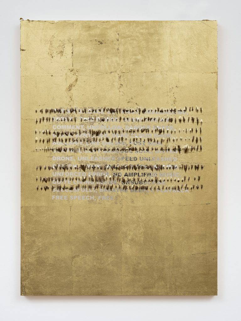 Stefan Brüggemann UNFOLLOW (HYPER-POEM LOCKDOWN) 2020 Gold leaf, metal staples and vinyl text on wood 70 x 49.7 x 3.5 cm / 27 1/2 x 19 5/8 x 1 3/8 in FADMAGAZINE