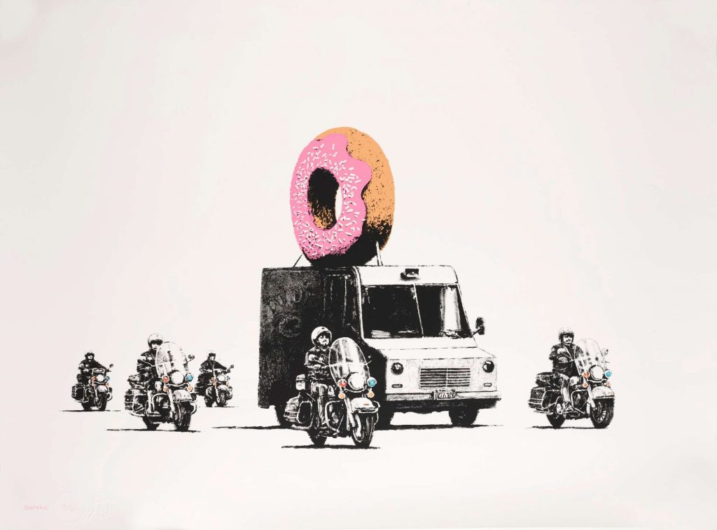 Strawberry Donut by Banksy, screenprint on paper, edition of 299, signed, dated and stamped (2009) FAD MAGAZINE 