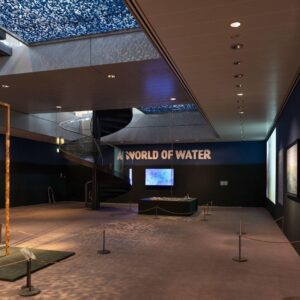 Boris Maas, The Urge to Sit Dry, 2024 (left), amongst works in A World of Water at the Sainsbury Centre.
