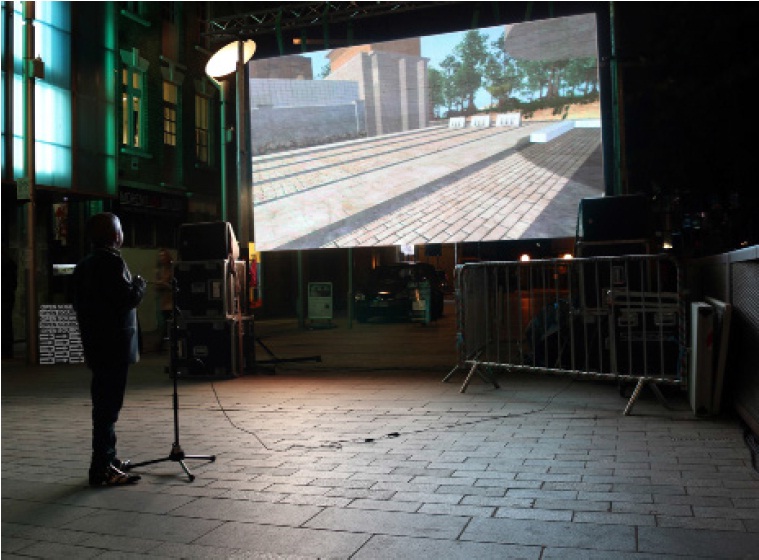 OPEN SOURCE FESTIVAL Boy playing with Lawrence Lek's DalstonMonAmour in 2015 in Gillett Sq
