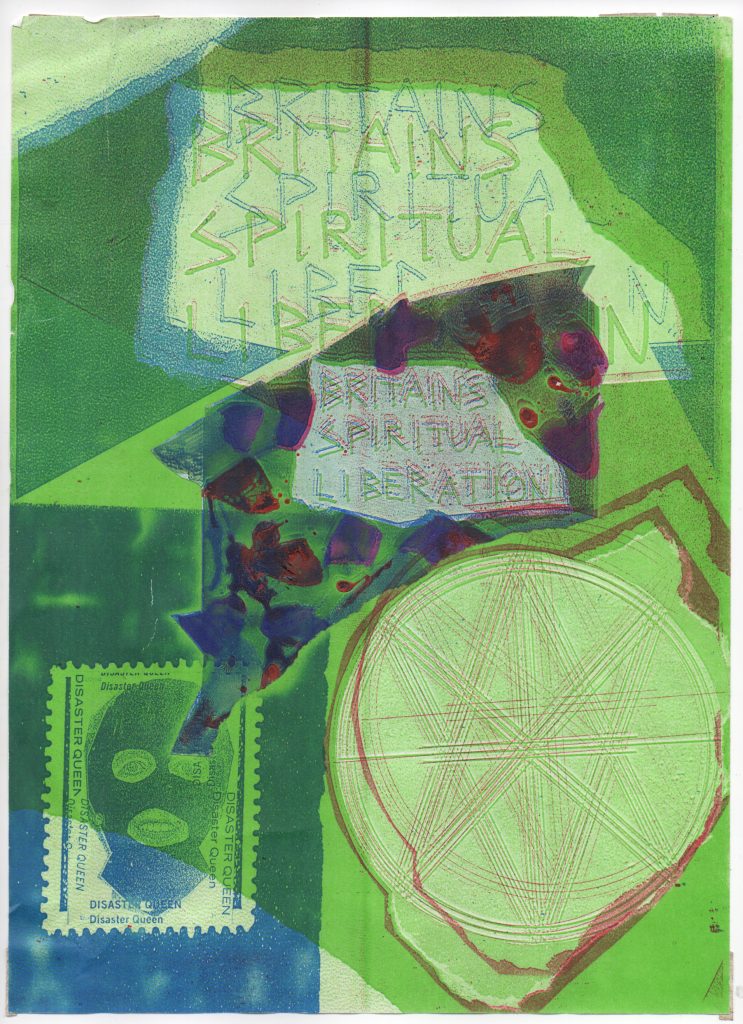 Jamie Reid, Britain’s Spiritual Liberation, 1990. Colour Xerox with collage, 297 x 210 mm. Courtesy John Marchant Gallery.