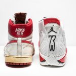 IR SHIP, MJ PLAYER EXCLUSIVE, GAME-WORN SNEAKERS, NIKE, 1984 LEFT SHOE: SIZE 13.5, RIGHT SHOE: SIZE 13, HIGH-TOP ESTIMATE $350,000 – 550,000 AIR JORDAN 14 “CHICAGO”, PLAYER EXCLUSIVE, PRACTICE-WORN SNEAKERS, NIKE, 1998 SIZE 13, MID-TOP ESTIMATE $6,000 – 8,000