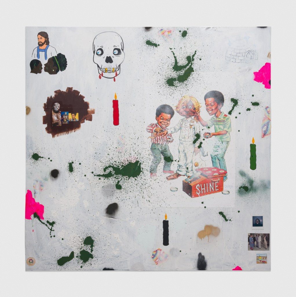 David Leggett, “She’s saved, but it is the weekend,” 2019. Acrylic, spray paint, and collage on paper mounted on canvas. 72 x 72 inches. Courtesy the Artist and Shane Campbell Gallery, Chicago /Photo: Evan Jenkins