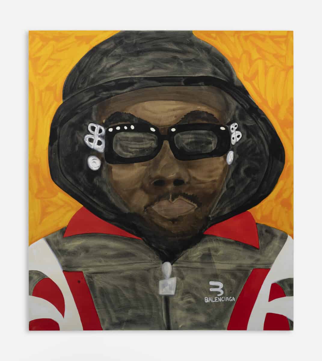 Travis Fish, Offset/Balenciaga, 2022. Acrylic on canvas, 96 by 84 in (243.84 by 213.36 cm). Courtesy of the artist and Jupiter Contemporary, Miami.