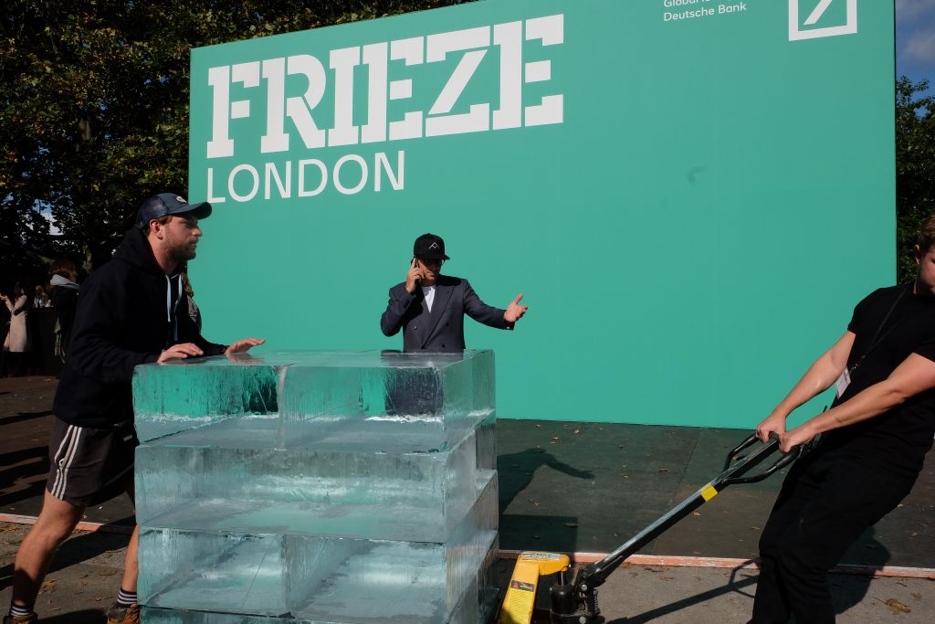 In the latest of his interventions Massimo Agostinelli Deposits Blocks of Ice at Frieze London.