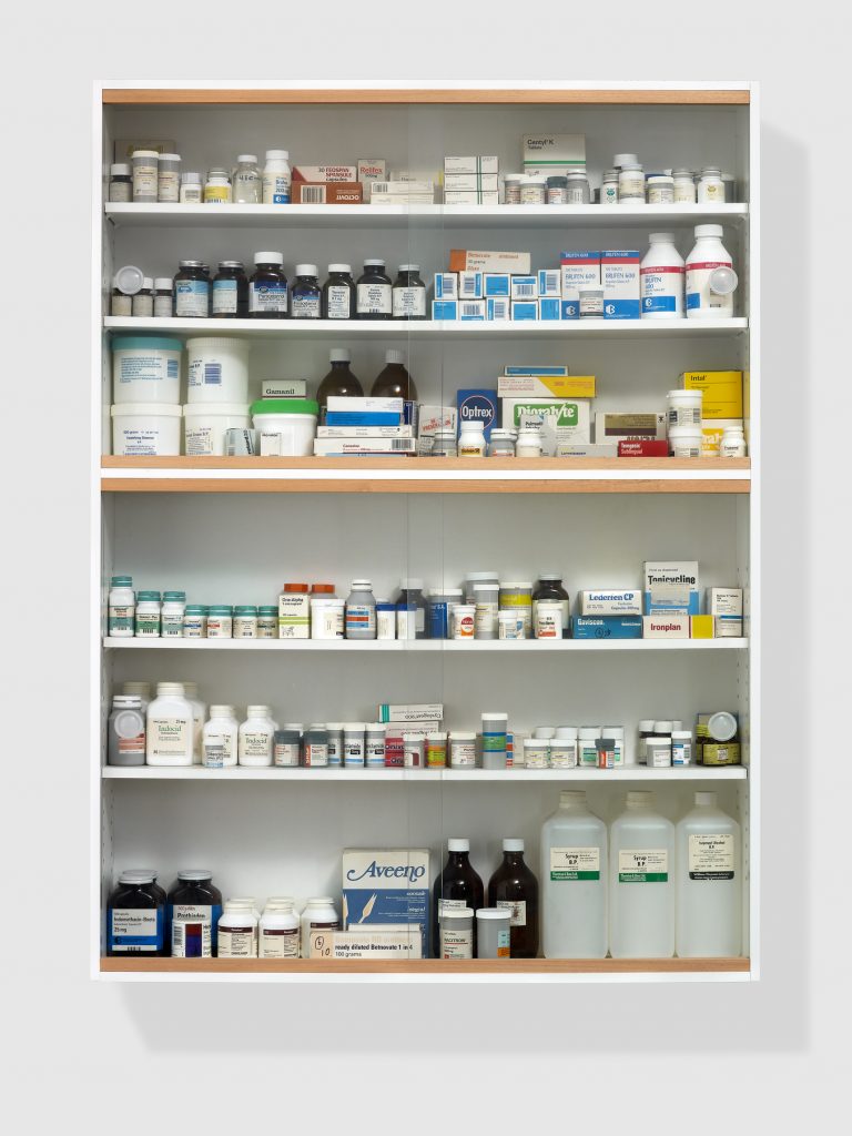 DAMIEN HIRST b. 1965 Bodies glass, faced particleboard, ramin, plastic, aluminium and pharmaceutical packaging 137.2 x 101.6 x 22.9 cm (54 x 40 x 9 in.) Executed in 1989. ESTIMATE £1,200,000 - 1,800,000 PROVENANCE Karsten Schubert, London (acquired directly from the artist in 1989) Acquired from the above by the present owner in 1989 EXHIBITED London, Goldsmiths College, Degree Show, 1989 Naples, Museo Archeologico Nazionale, Damien Hirst. The Agony and the Ecstasy: Selected Works from 1989-2004, 31 October 2004 - 31 January 2005, p. 254 (illustrated, p. 63) New York, L&M Arts, Damien Hirst: The Complete Medicine Cabinets, 28 October - 11 December 2010, pp. 76 and 176 (the present work illustrated, pp. 75, 77, degree show illustrated, p. 199) London, Tate Modern, Damien Hirst, 4 April - 9 September 2012, p. 232 (illustrated, p. 69)