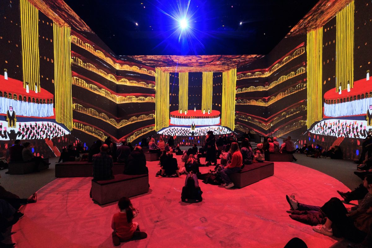 David Hockney (Summer 2027, Tate Modern) “David Hockney Bigger and Closer (not smaller and further away)” at Lightroom King’s Cross, London, featuring “Raised Stage with Masks, Narrator and Auditorium” from “Oedipus Rex,” 1981. © David Hockney. Photo Credit Lightroom / Justin Sutcliffe
