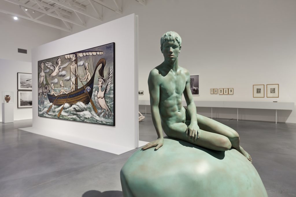 Elmgreen and Dragset‘s He (2013), in front of Bernard Buffet's The Odyssey, The Sirens (1993) photo Bartosz Stawiarski 
