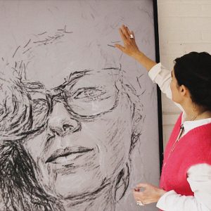 Es Devlin in her studio considering the markings in a digital portrait created during the testing stage