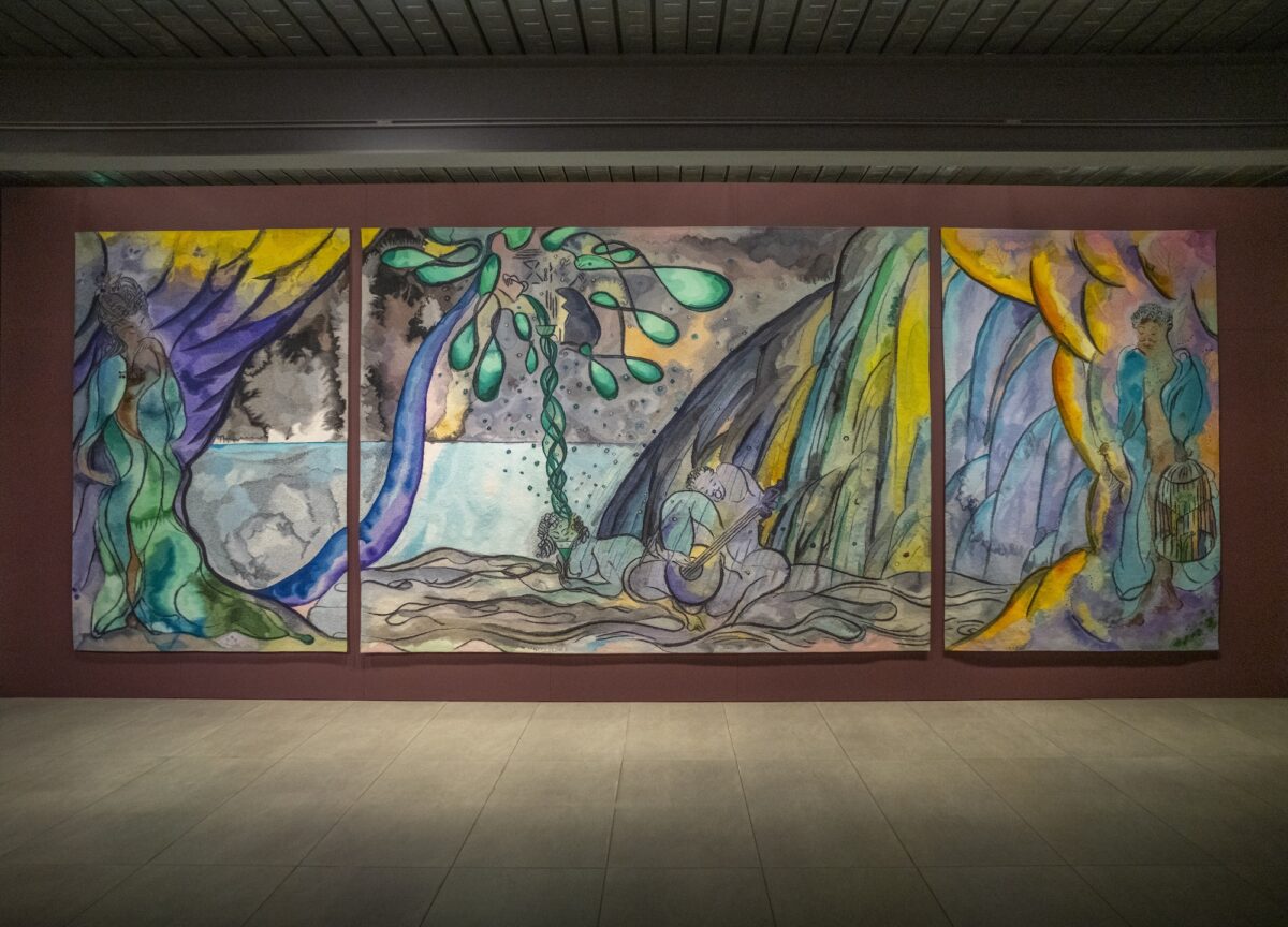 (instalation of) Chris Ofili, The Caged Bird's Song, 2014–2017. Wool, cotton and viscose. Triptych, left and right panels each 280 x 184 cm (110 1?4 x 72 1?2 in); centre panel 280 x 372 cm (110 1?4 x 146 1?2 in). © Chris Ofili. Courtesy the Artist and Victoria Miro, The Clothworkers' Company and Dovecot Tapestry Studio, Edinburgh.