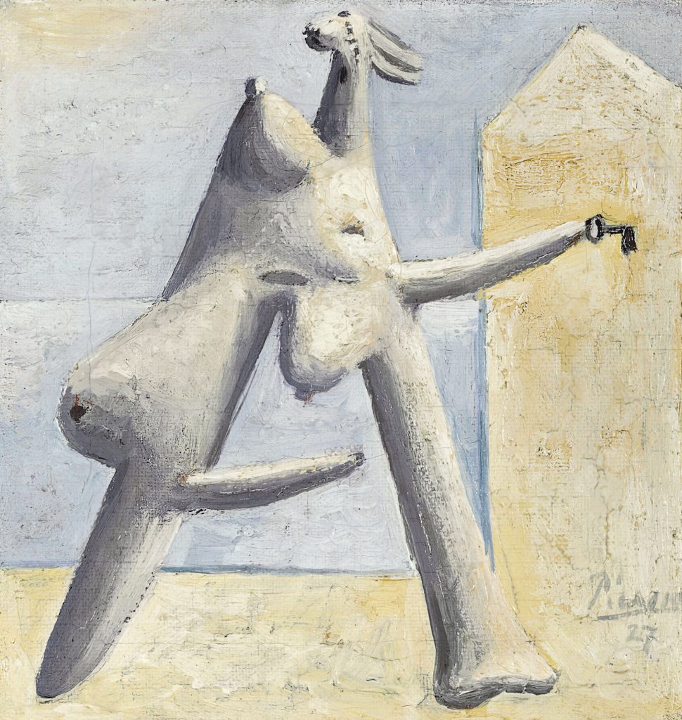 Pablo Picasso Composition (Female Figure at the Beach) [Composition (Figure féminine sur une plage)], 1927 Oil on canvas 18.8 x 17.6 cm Private collection © Sucesión Pablo Picasso, VEGAP, Madrid 2016