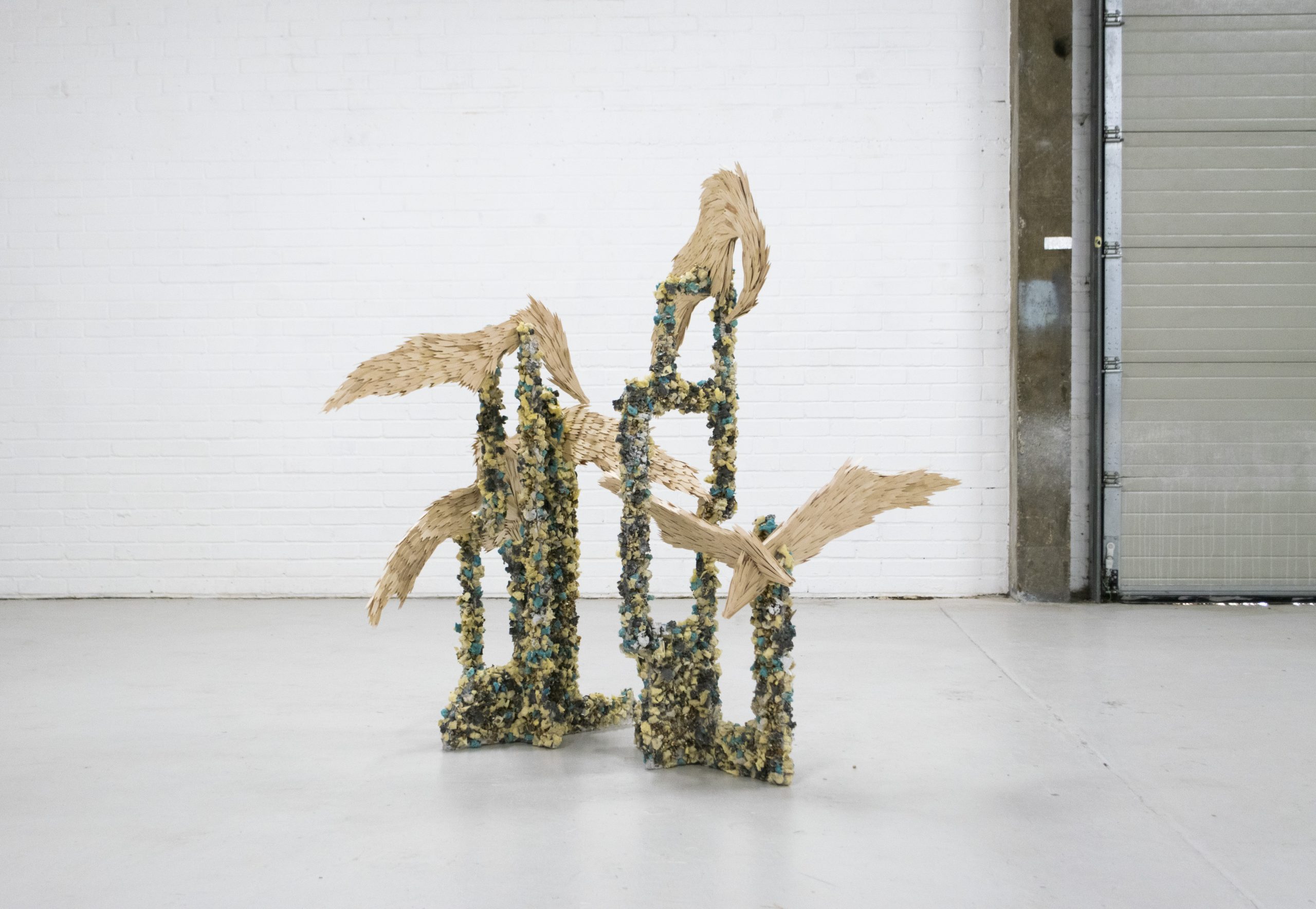 Anna Reading Flock, 2019, wood, foam, gravel, gloss paint, PVA, jesmonite, chip forks, stapels, 140 x 140 x 140cm