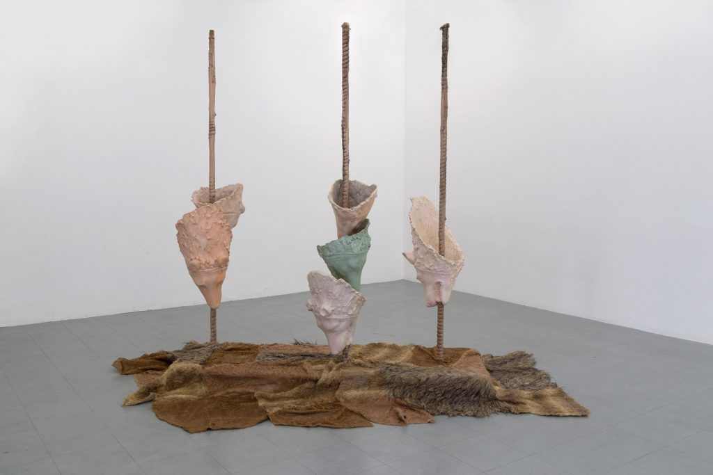 Frances Drayson, In Three Phases We Share Fright, 2020, Plaster polymer, pigment, wax, oil paint, fake fur, oil, varnish, wood, steel
