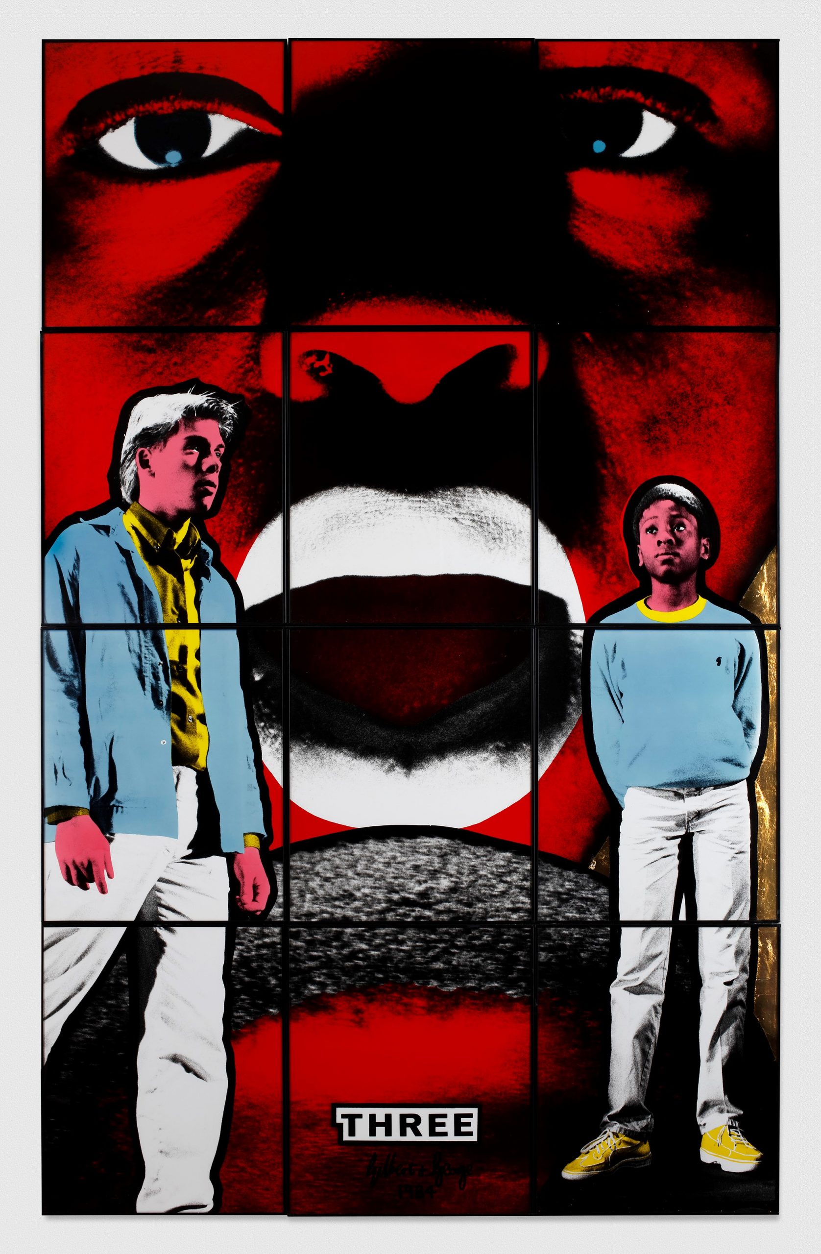 Gilbert & George Three, 1984 Signed, titled and dated Hand coloured gelatin silver prints in artists' frames 12 parts, 242.5 x 151.5 cm; (95 1/2 x 59 5/8 in.