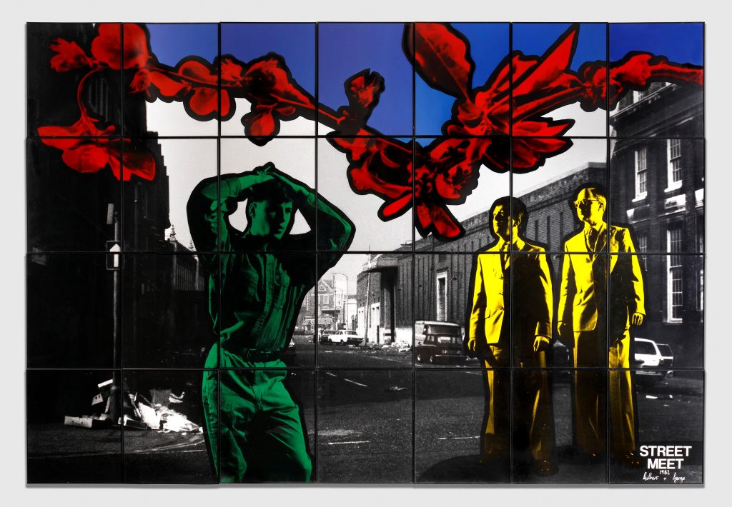 Gilbert & George Street Meet, 1982 Signed, titled and dated Hand coloured gelatin silver prints in artists' frames 28 parts, 241 x 350 cm; (94 7/8 x 137 3/4 in.) total