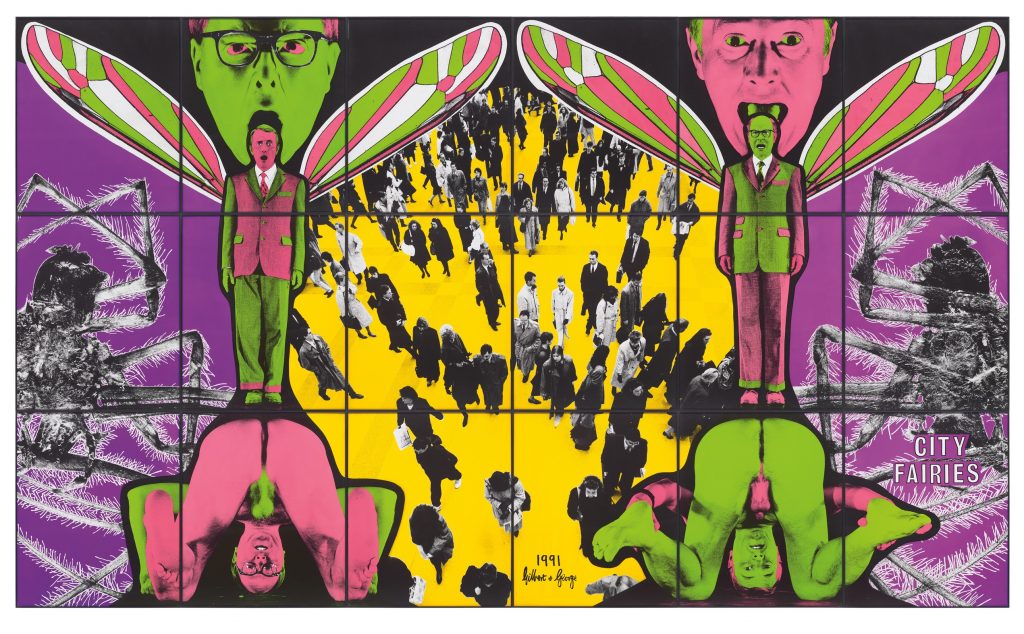 GILBERT & GEORGE b. 1943 and b. 1942 CITY FAIRIES mixed media, in artists’ frames, in 18 parts overall 253.7 x 426.8 cm (99 7/8 x 168 in.) Executed in 1991. ESTIMATE £120,000-180,000 PROVENANCE Anthony d’Offay Gallery, London Acquired from the above by the present owner in October 1997 EXHIBITED Aarhus Kunstmuseum, Gilbert & George: New Democratic Pictures, 1992, no. 3, p. 44 (illustrated, p. 45) Galleria d’Arte Moderna di Bologna, Gilbert & George, 18 May - 8 September 1996, p. 223 Musee d’Art moderne de la Ville de Paris, Gilbert & George, 4 October 1997 - 4 January 1998, p. 430 (illustrated, pp. 220-1) London, Tate Modern; Munich, Haus der Kunst; Turin, Castello di Rivoli; San Francisco, de Young Museum; Milwaukee Art Museum; New York, Brooklyn Museum, Gilbert & George: Major Exhibition, 15 February 2007 - 11 January 2009, pl. 143, p. 207 (illustrated, p. 132) 