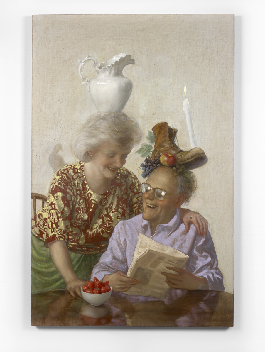 John Currin Newspaper Couple 2016 oil on canvas 173 x 112 x 4 cm / 68 ? x 44 ? x 1 ? in unique HQ20-JC12643P Copyright the Artist, Courtesy Sadie Coles HQ, London 